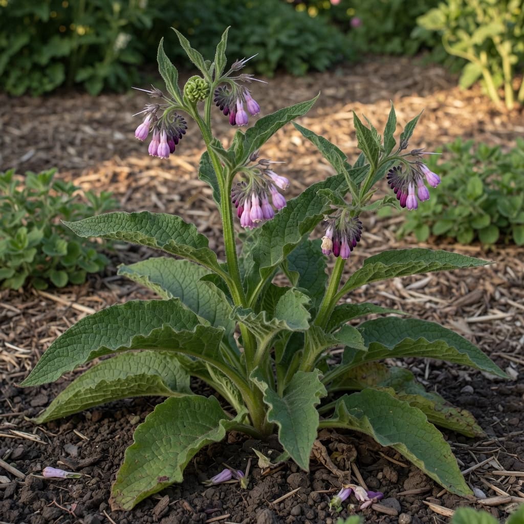 Comfrey plant with large textured leaves and drooping purple flowers