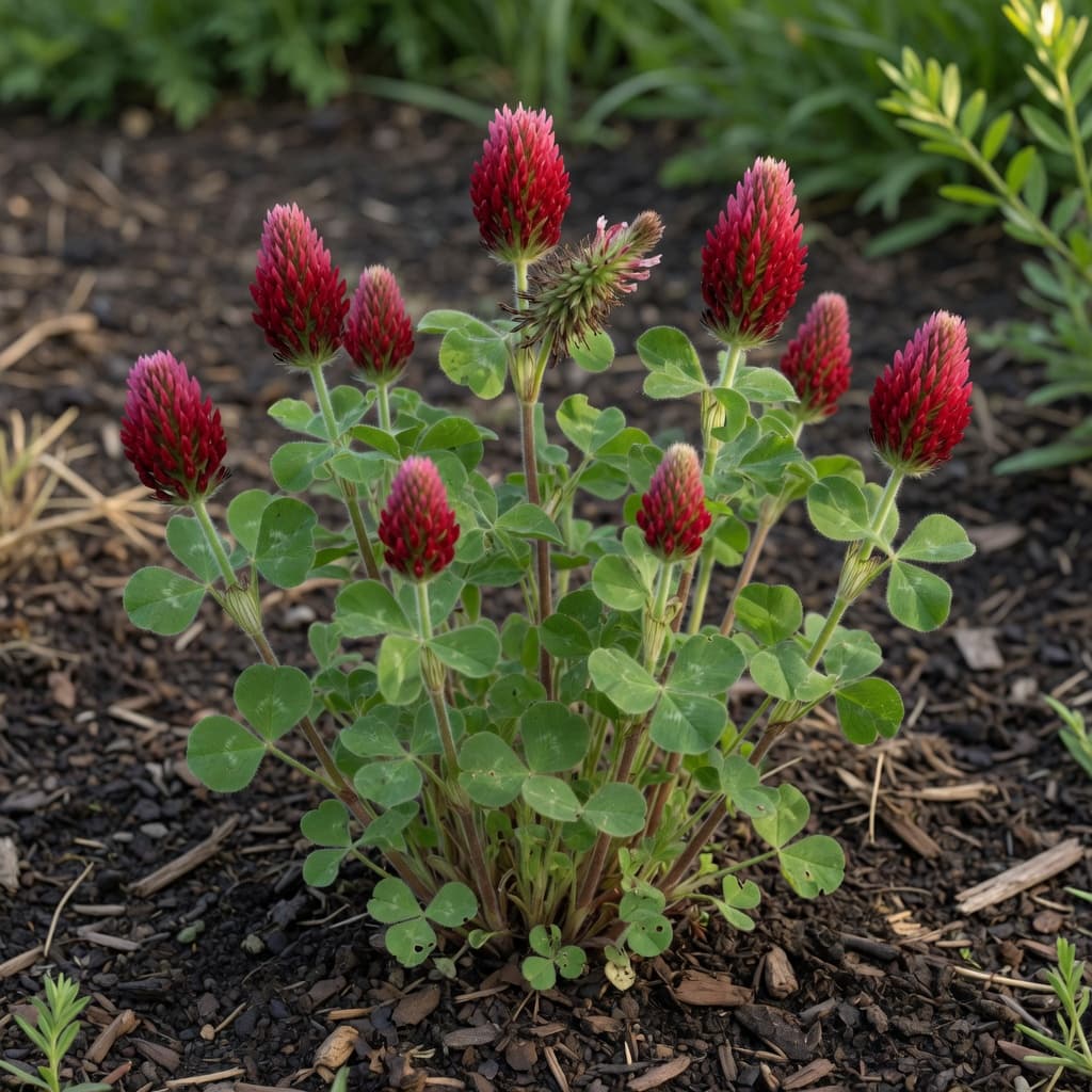 Crimson clover growing through a wood-chip mulch