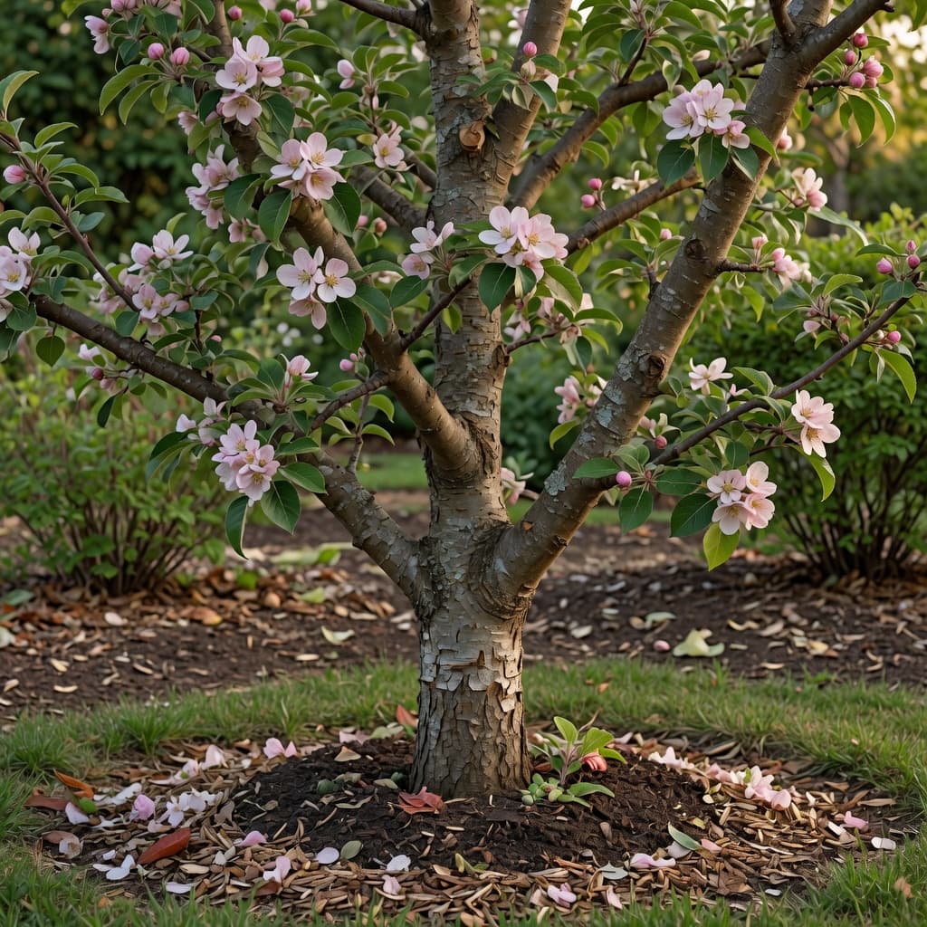 Young apple tree in bloom with a wood-chip mulch ring
